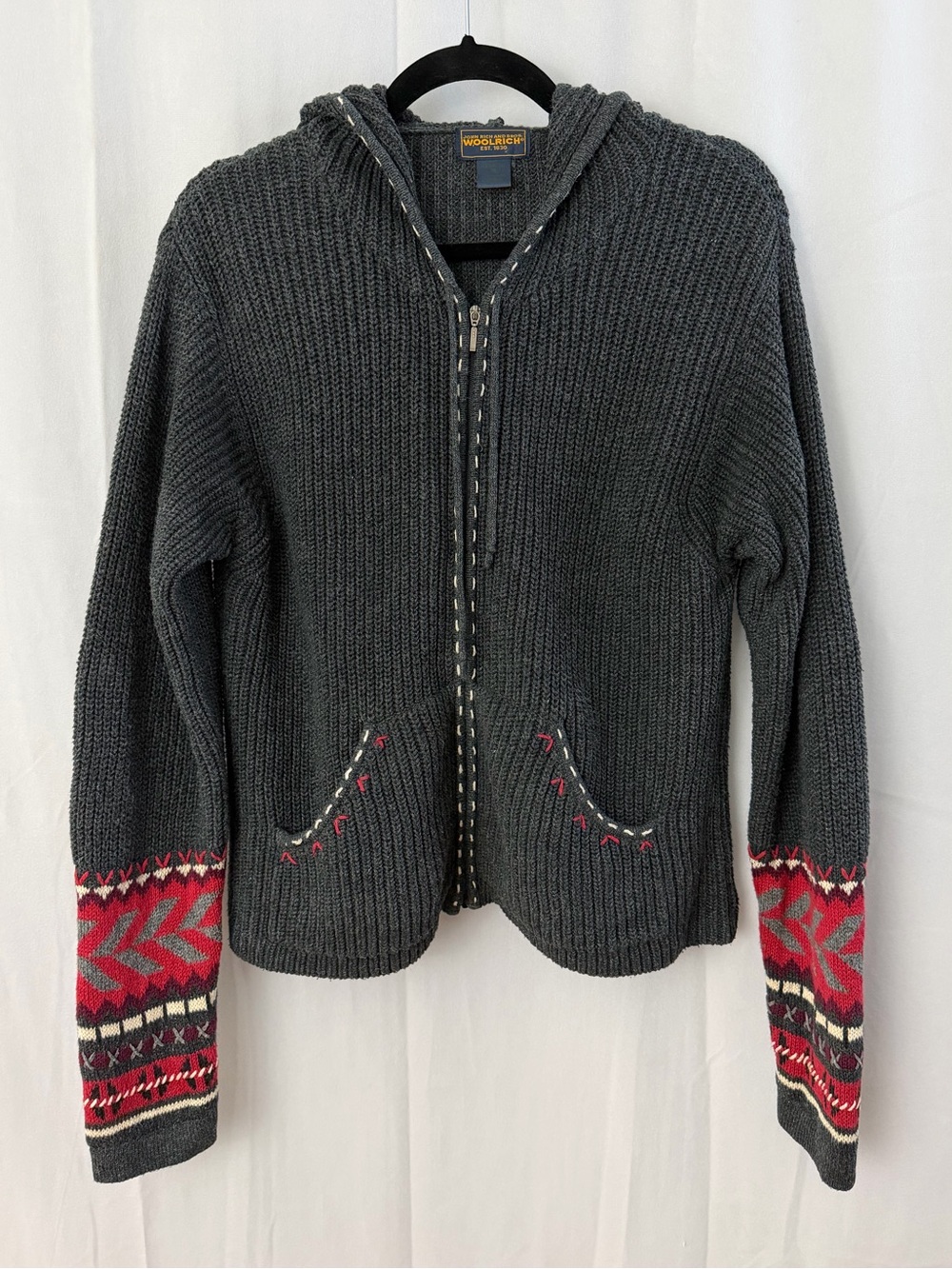 Woolrich Gray Dark Charcoal Zip Up Cable Knit Hooded Sweater Womens Size Medium